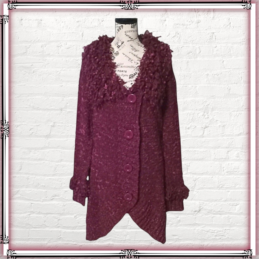 Roz & Ali Penny Lane Wool Burgundy Oversized Cardigan Size 14/16